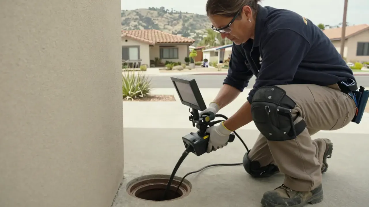 Commercial Leak Detection in Laguna Hills, California: leak detection specialist operating a pipe camera with a monitor