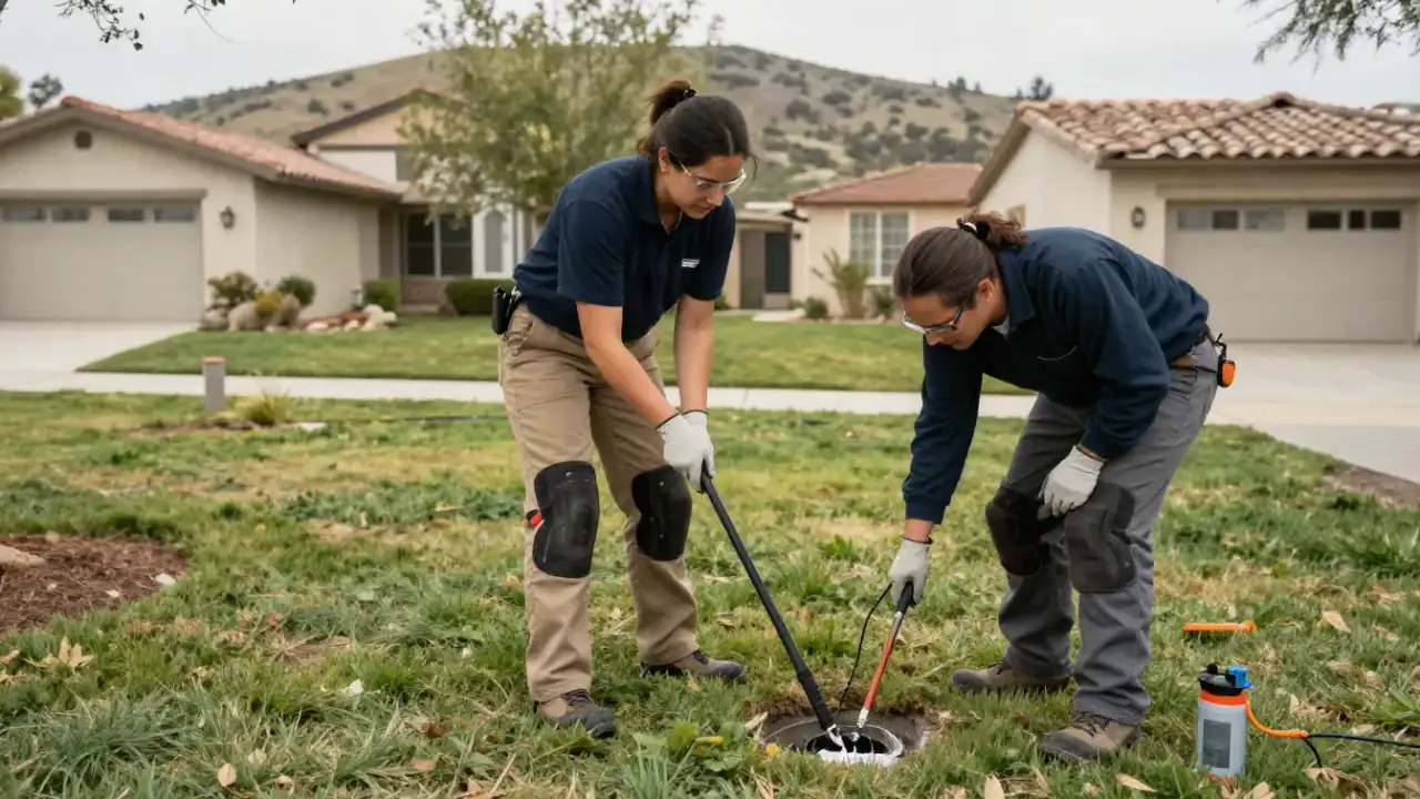 Leak Detection in Laguna Hills, California: Two leak detection specialists collaborating, one holding a pipe locator wand