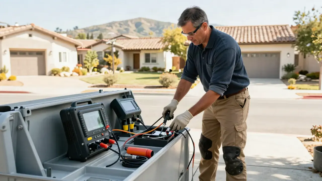 Leak Detection in Laguna Hills, California: leak detection specialist, in a clean and organized work vehicle, carefully