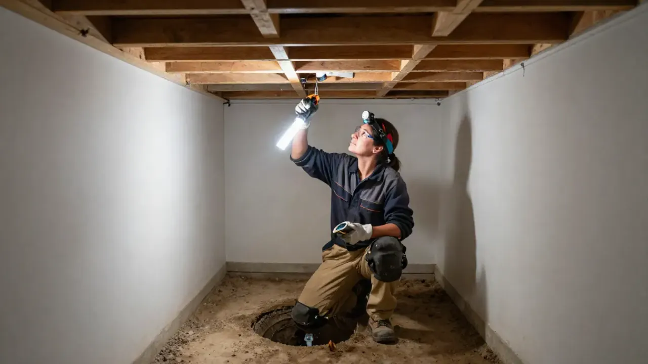Under-House & Crawlspace Leak Detection in Laguna Hills, California: leak detection specialist, wearing a headlamp and knee
