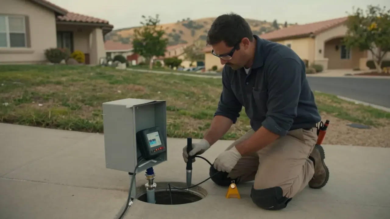 Leak Detection in Laguna Hills, California: leak detection specialist kneeling in a residential front yard, operating an