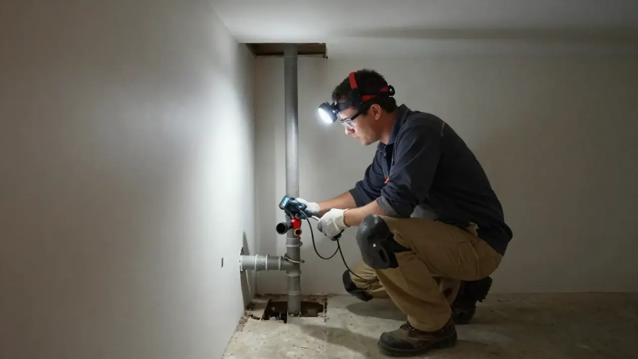 Leak Detection in Laguna Hills, California: leak detection specialist with a headlamp, carefully navigating through a dimly