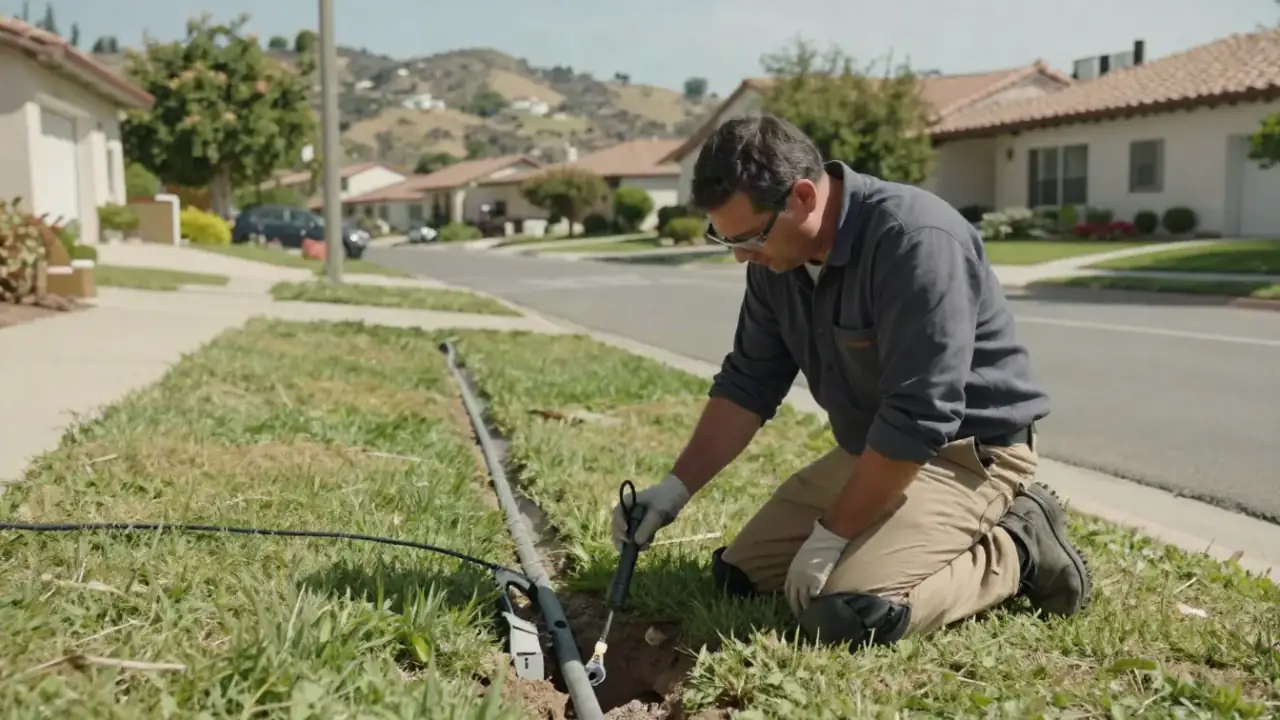 Water Service Line Leak Detection in Laguna Hills, California: leak detection specialist kneeling on a patch of grass, using