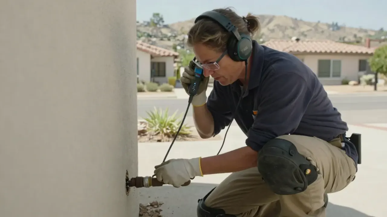Leak Detection in Laguna Hills, California: close-up of a leak detection specialist's face, focused intently while wearing