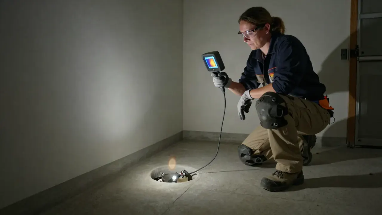 Slab Leak Detection in Laguna Hills, California: leak detection specialist observing a thermal imaging camera's display